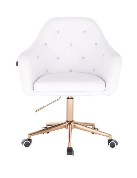 FOTEL HR830 BIAŁA SKÓRA ZŁOTE KÓŁKA